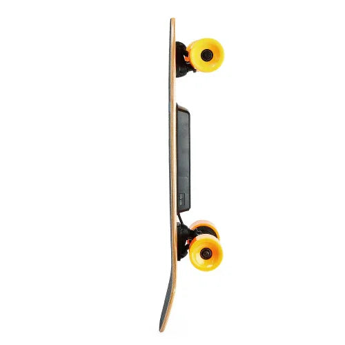 Electric skateboard with natural wood deck and yellow wheels, side profile view