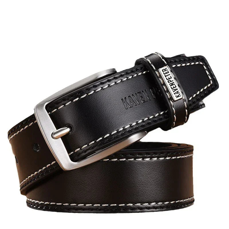 Black leather belt with white stitching and silver metal buckle, casual modern style