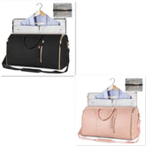 Travel duffel bags in black and pink, featuring garment compartments and gold zippers