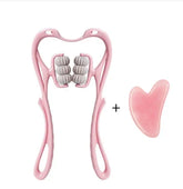 Pink handheld massager with rollers and matching pink gua sha tool