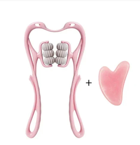 Pink handheld massager with rollers and matching pink gua sha tool