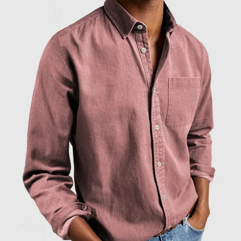Men's relaxed fit mauve cotton button-up shirt with chest pocket, long sleeves, and collar