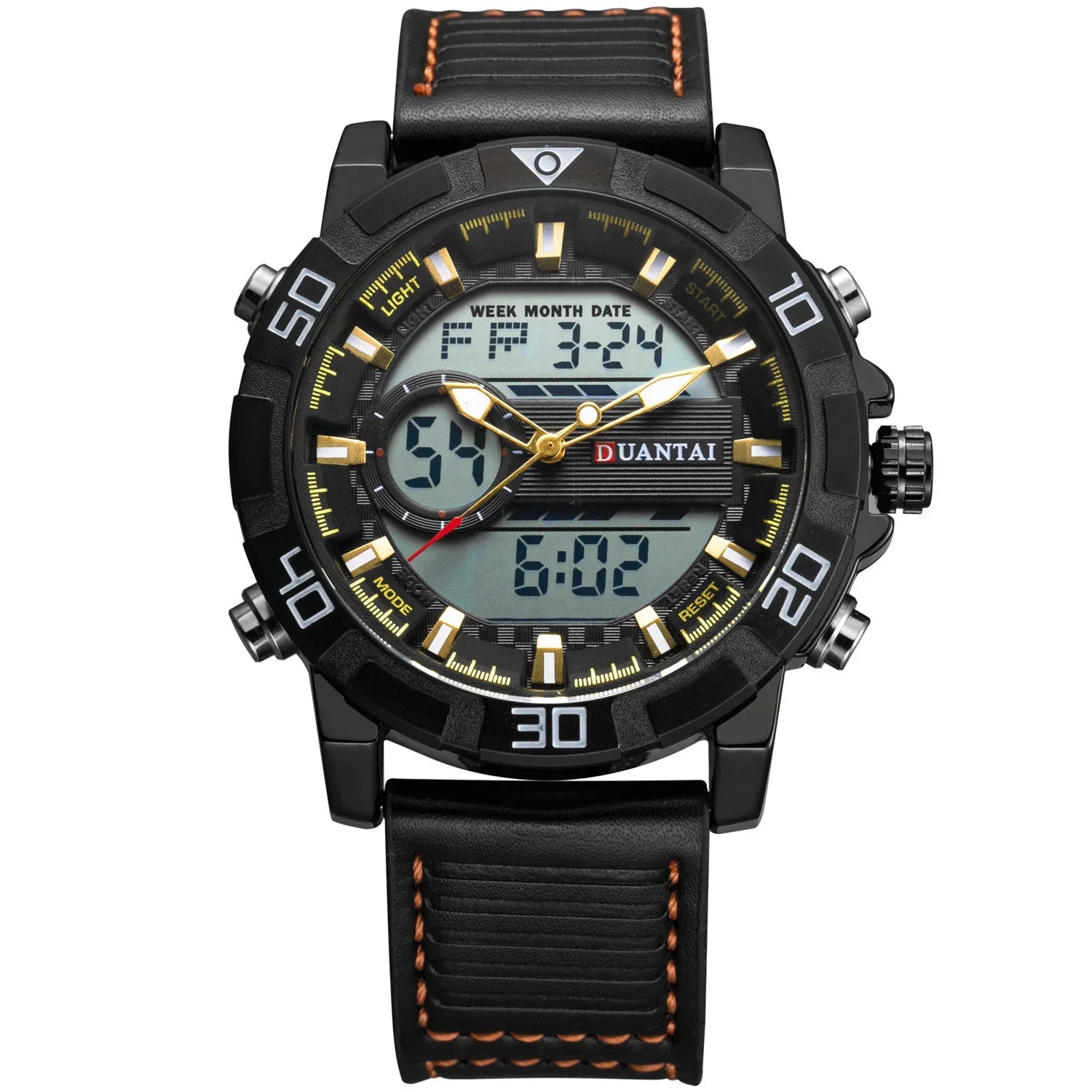 Black leather band digital-analog watch with gold accents and bold sporty design