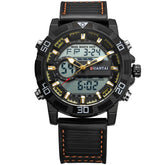 Black leather band digital-analog watch with gold accents and bold sporty design