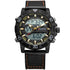 Black leather band digital-analog watch with gold accents and bold sporty design