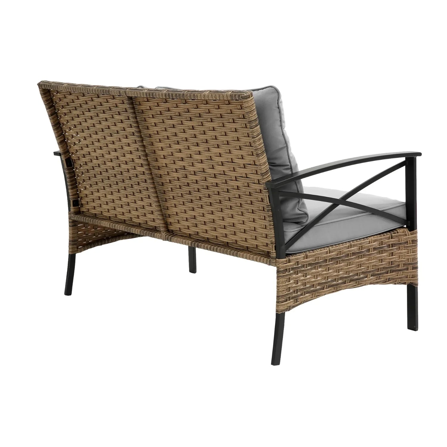Brown wicker outdoor loveseat with black metal frame and gray cushions, modern patio seating