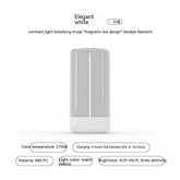 Minimalist white LED lamp with warm yellow light, ABS plastic, sleek cylindrical design.