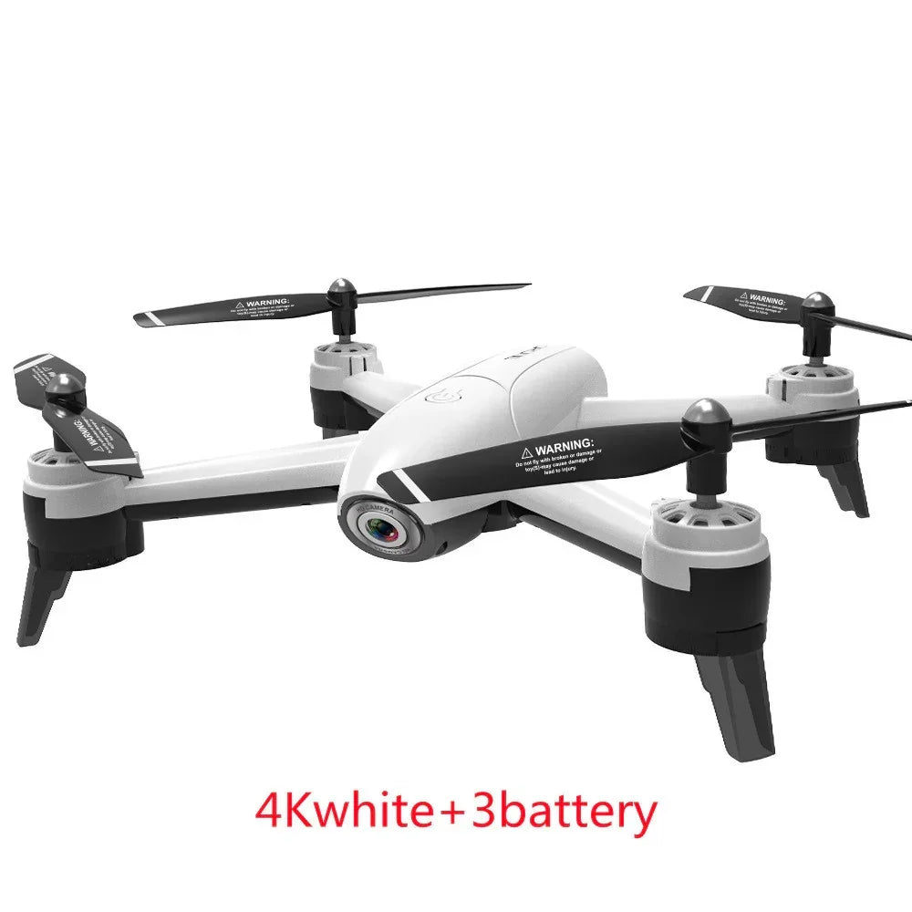 White quadcopter drone with black propellers and 4K camera, shown on white background