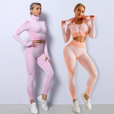 Women wearing seamless textured crop top and high-waisted leggings sets in pink and peach, slim fit activewear.