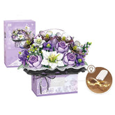 Artificial flower bouquet with purple and white roses in a decorative lavender box, includes LED lights.