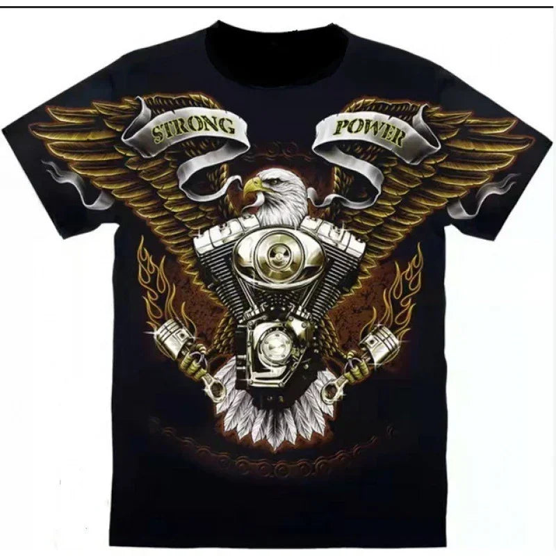 Black streetwear t-shirt with bold eagle, motorcycle engine, and winged graphic, regular fit