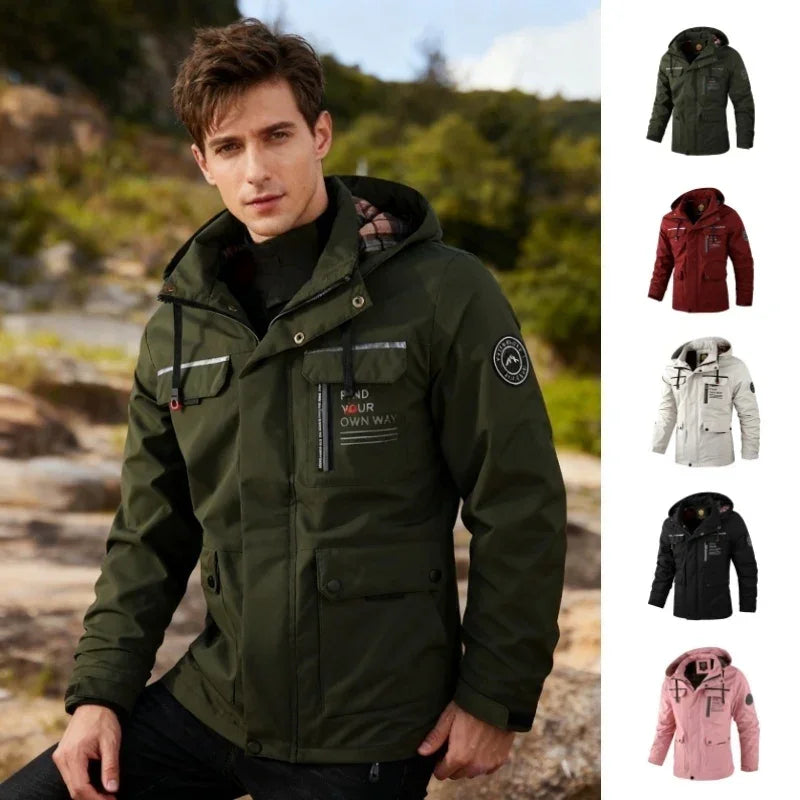Men’s hooded utility jacket in green, polyester material, relaxed fit, multiple colors shown