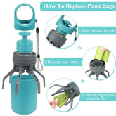 Turquoise and gray portable poop bag dispenser with step-by-step refill instructions, plastic material.