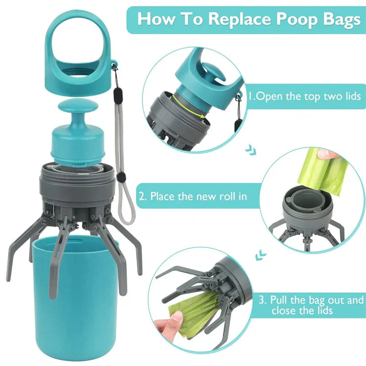 Turquoise and gray portable poop bag dispenser with step-by-step refill instructions, plastic material.