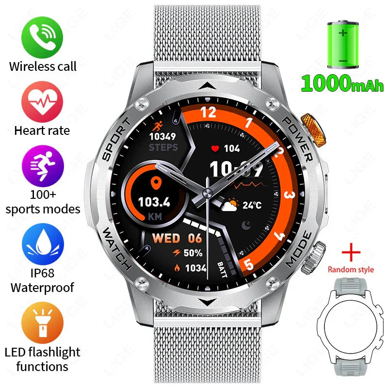 Silver mesh band smartwatch with round display, fitness tracking, waterproof, and wireless call features