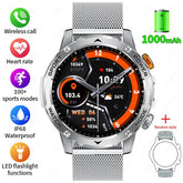 Silver mesh band smartwatch with round display, fitness tracking, waterproof, and wireless call features