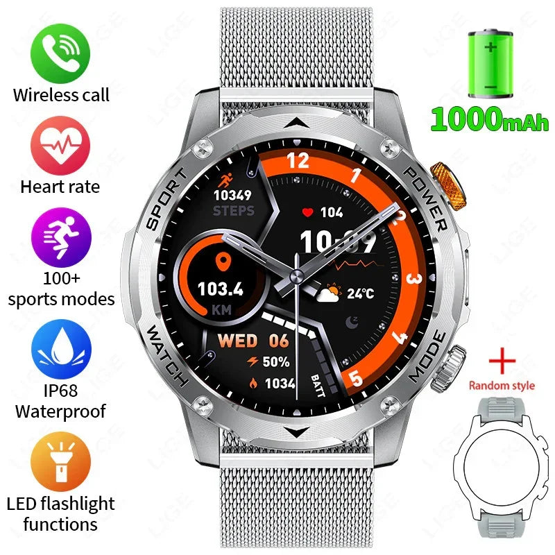 Silver mesh band smartwatch with round display, fitness tracking, waterproof, and wireless call features