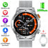 Silver mesh band smartwatch with round display, fitness tracking, waterproof, and wireless call features