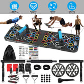 Full body workout set with push-up board, resistance bands, wheels, and accessories for home fitness.