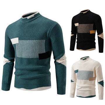 Men's knitted crewneck sweaters in colorblock geometric patterns, slim fit, long sleeves