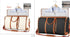 Two travel duffle bags, one cream and one black, with brown leather trim and handles, both holding a light blue dress shirt and laptop, displayed with matching toiletry bags.
