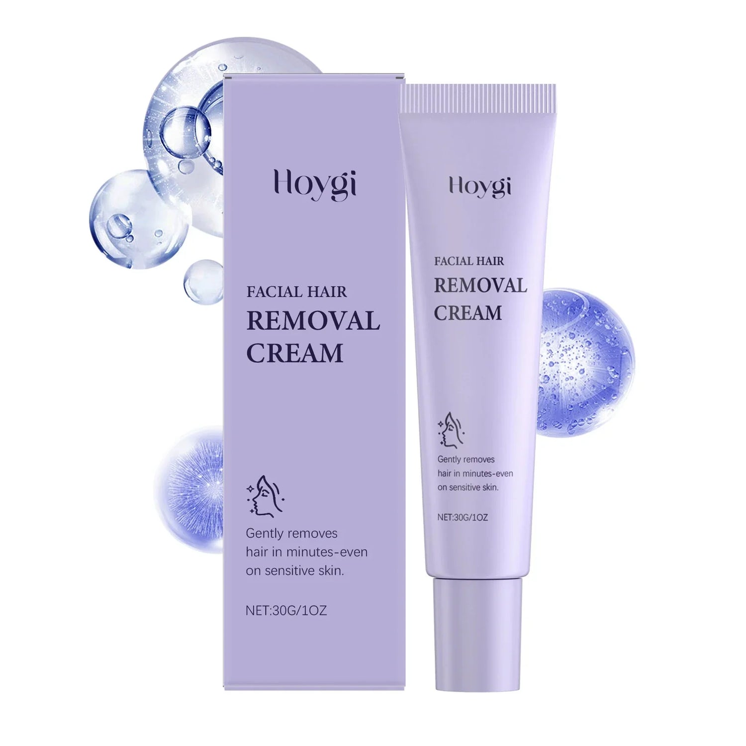 Lavender tube of facial hair removal cream with matching box, gentle formula for sensitive skin