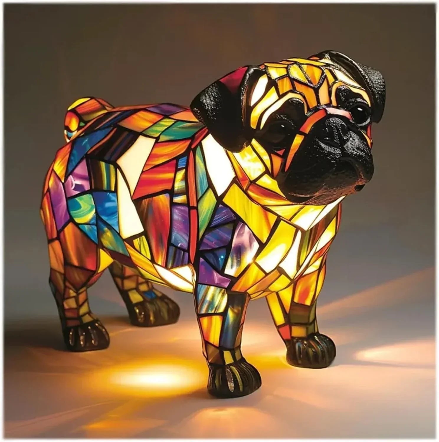 Colorful stained glass pug dog lamp with a mosaic pattern and glowing light effect.