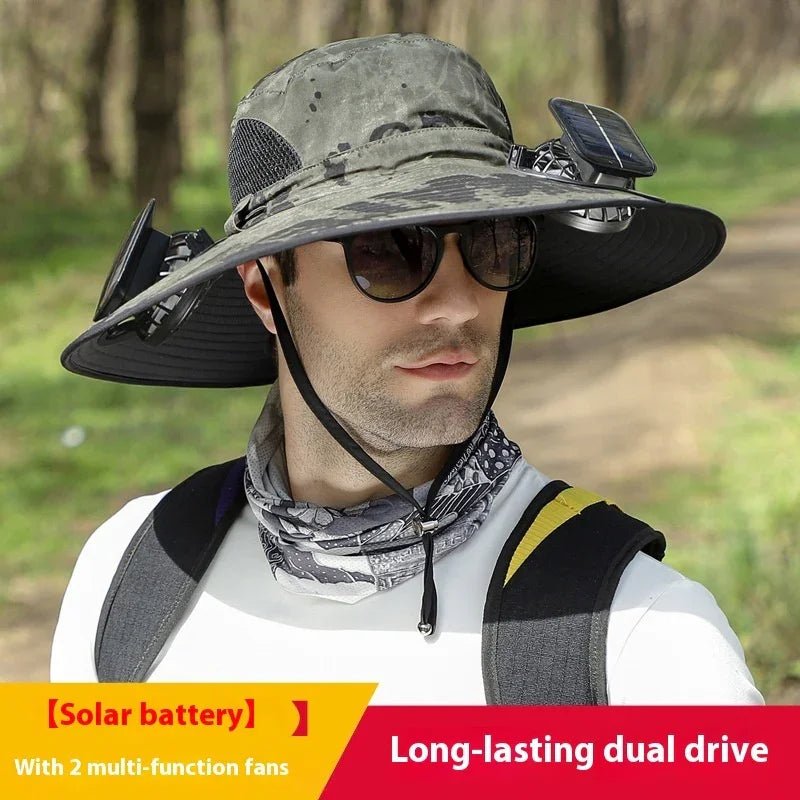 Man wearing a wide brim camo sun hat with solar panels and fans, outdoor streetwear style.