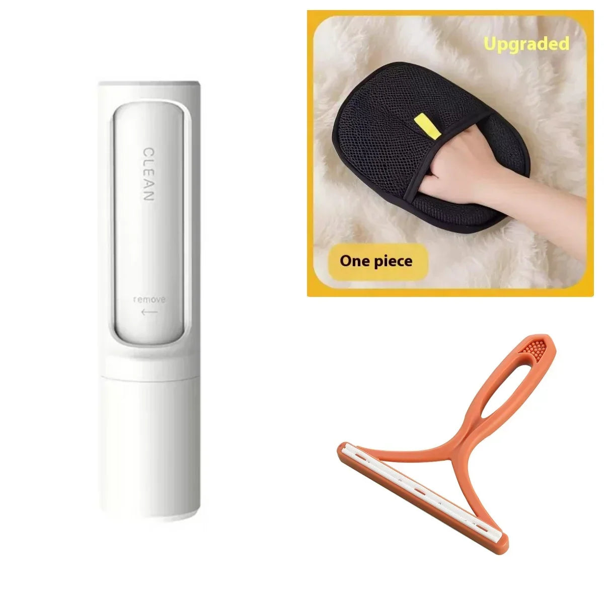 Three lint and pet hair removers: a white handheld roller, a black mesh glove, and an orange scraper