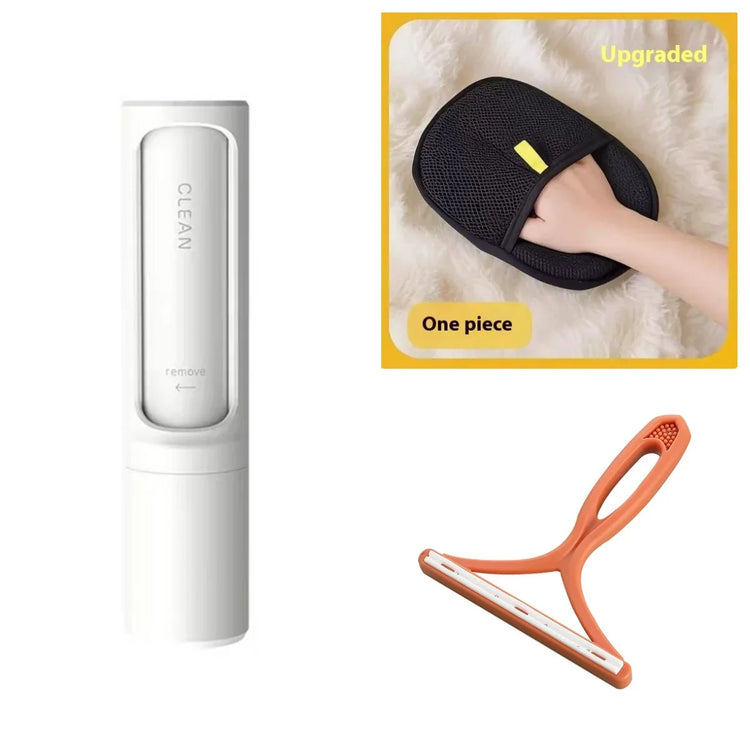 Three lint and pet hair removers: a white handheld roller, a black mesh glove, and an orange scraper