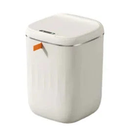 Modern white rectangular storage bin with smooth glossy finish and orange pull tab