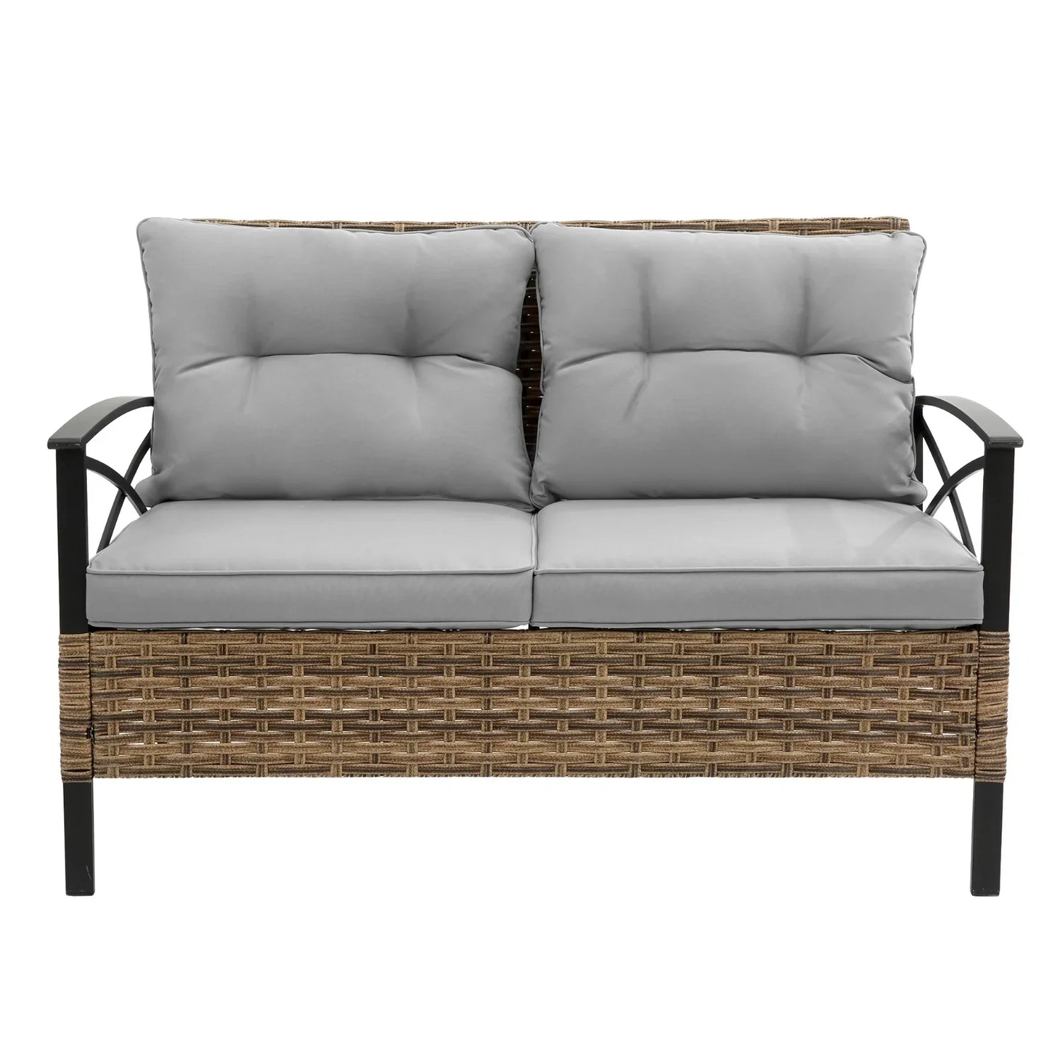 Modern outdoor loveseat with grey cushions and wicker rattan frame, metal armrests