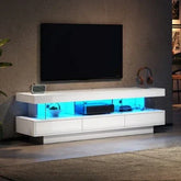 Modern white TV stand with glossy finish, blue LED lights, and sleek storage drawers
