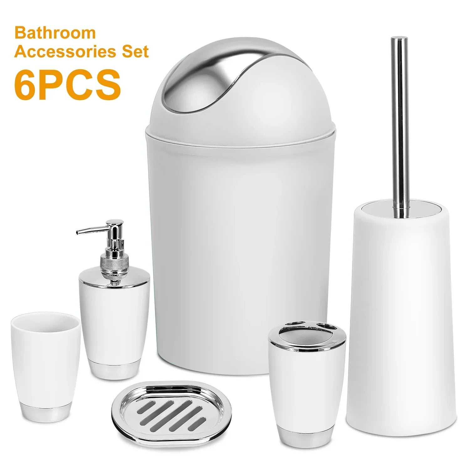 White and silver 6-piece bathroom accessories set including trash can, soap dispenser, toothbrush holder, tumbler, soap dish, and toilet brush.