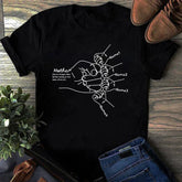 Black graphic tee with white line art of a mother holding children&