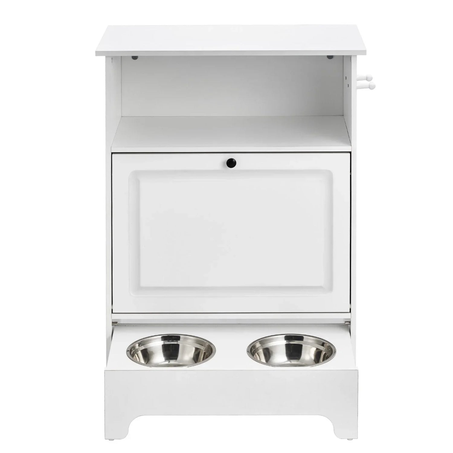 Modern white wooden pet feeding station with two stainless steel bowls and storage shelf.