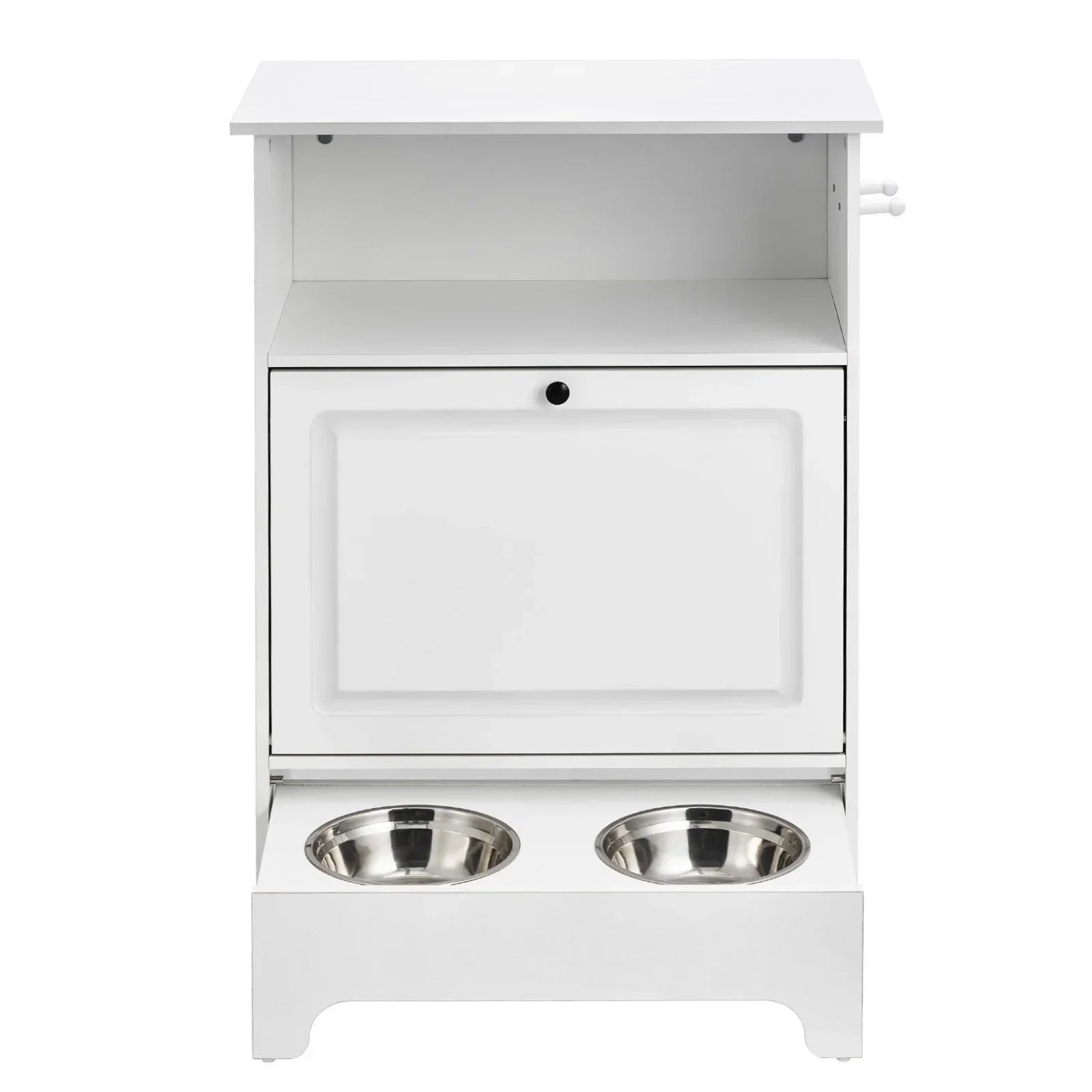 Modern white wooden pet feeding station with two stainless steel bowls and storage shelf.