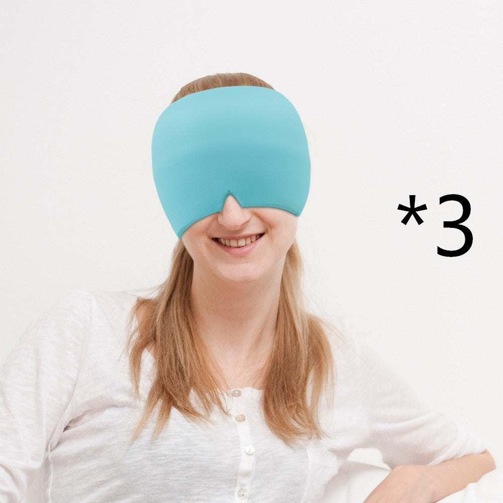 Woman wearing light blue oversized eye mask, soft fabric, relaxed fit, white top