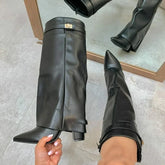 Black faux leather knee-high boots with pointed toe and block heel, modern streetwear style