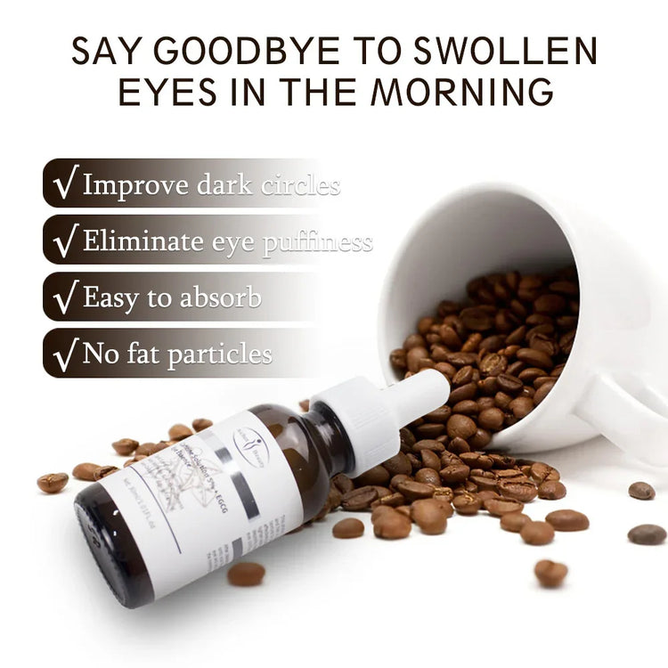 Dark glass dropper bottle with white label on coffee beans spilling from a mug, skincare serum for eyes.