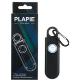 Black personal safety alarm with LED light, compact design, attached carabiner, retail packaging