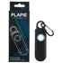 Black personal safety alarm with LED light, compact design, attached carabiner, retail packaging