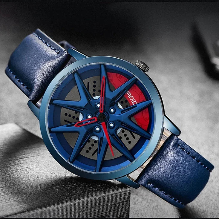 Futuristic blue analog watch with leather strap and sporty wheel-inspired dial design.