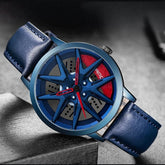 Futuristic blue analog watch with leather strap and sporty wheel-inspired dial design.