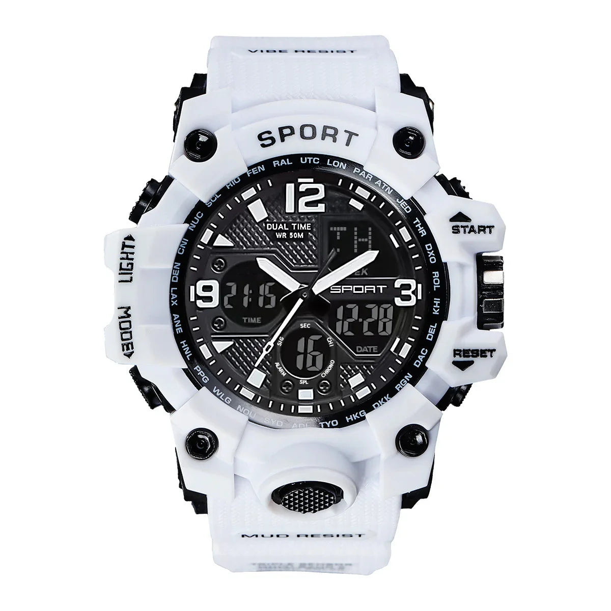 White and black digital analog sport watch with large face, rugged design, and multiple time displays