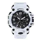 White and black digital analog sport watch with large face, rugged design, and multiple time displays