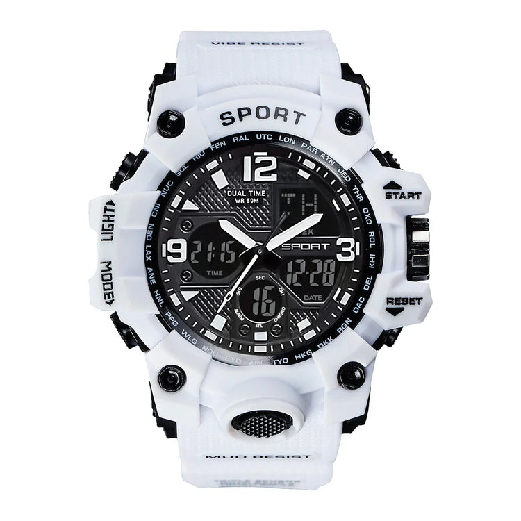 White and black digital analog sport watch with large face, rugged design, and multiple time displays