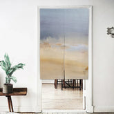 Beige and blue minimalist fabric doorway curtain with abstract pattern, modern interior decor