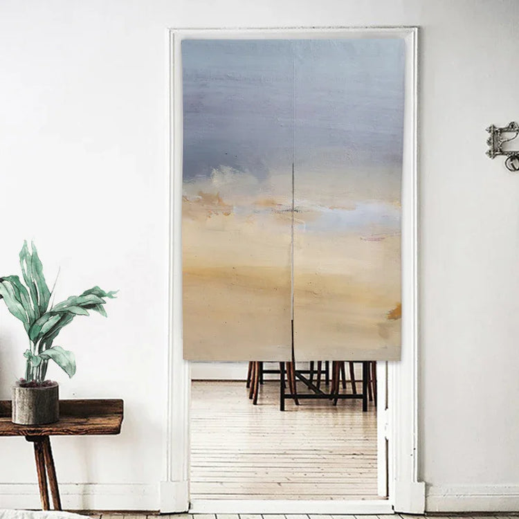 Beige and blue minimalist fabric doorway curtain with abstract pattern, modern interior decor