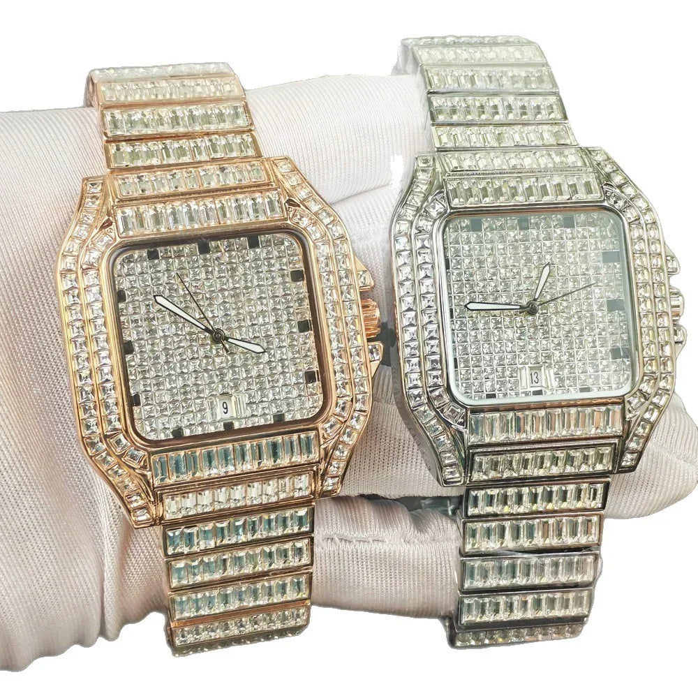Two iced-out square wristwatches, one gold-tone and one silver-tone, fully encrusted with crystals